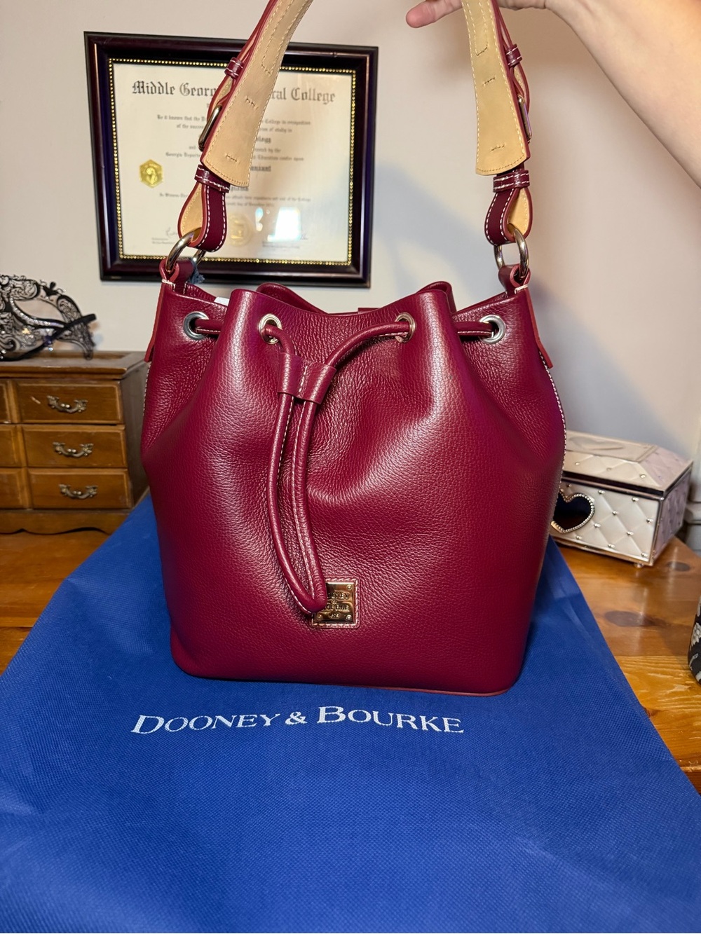 Dooney & Bourke Lucca leather Wine Red Leather Drawstring Bucket Bag